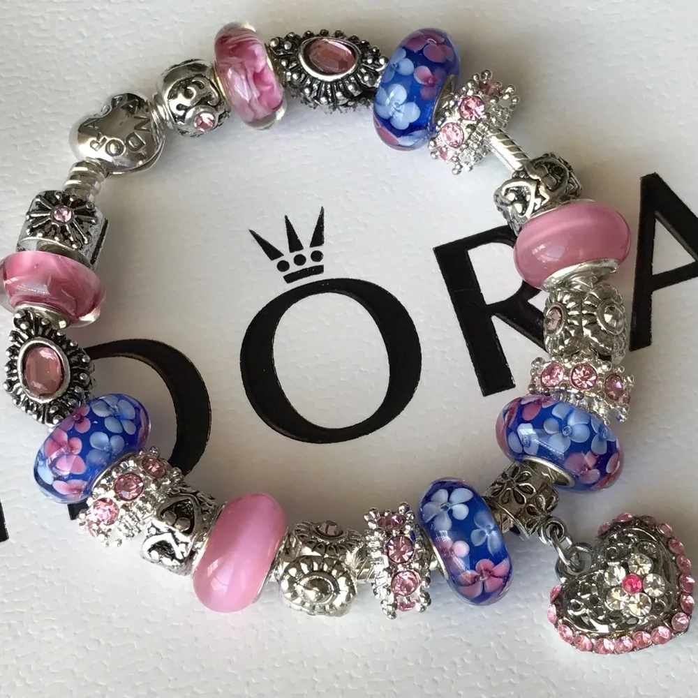 Authentic PANDORA Heart Clasp S925 Silver Bracelet with Murano Glass Beads 7.9" - Picture 3 of 16